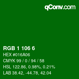 カラーコード: RGB 1 106 6 | qconv.com