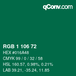 Color code: RGB 1 106 72 | qconv.com