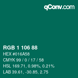 Color code: RGB 1 106 88 | qconv.com