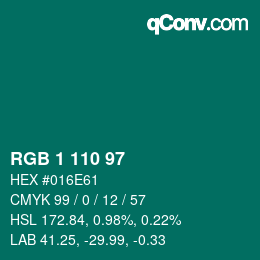 カラーコード: RGB 1 110 97 | qconv.com
