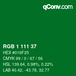 カラーコード: RGB 1 111 37 | qconv.com