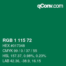 Color code: RGB 1 115 72 | qconv.com