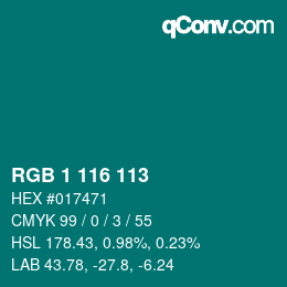 Color code: RGB 1 116 113 | qconv.com
