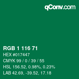 カラーコード: RGB 1 116 71 | qconv.com