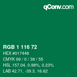 Color code: RGB 1 116 72 | qconv.com