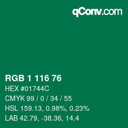 Color code: RGB 1 116 76 | qconv.com