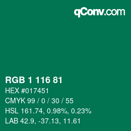 Color code: RGB 1 116 81 | qconv.com