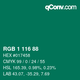 カラーコード: RGB 1 116 88 | qconv.com