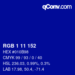 颜色代码: RGB 1 11 152 | qconv.com
