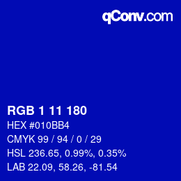 Color code: RGB 1 11 180 | qconv.com