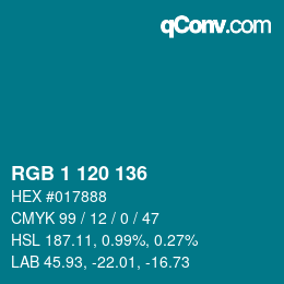 カラーコード: RGB 1 120 136 | qconv.com