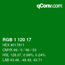 カラーコード: RGB 1 120 17 | qconv.com