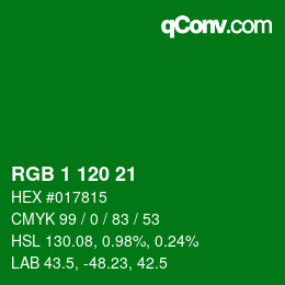 カラーコード: RGB 1 120 21 | qconv.com