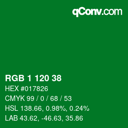 カラーコード: RGB 1 120 38 | qconv.com