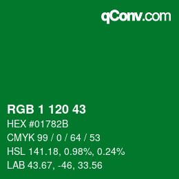 カラーコード: RGB 1 120 43 | qconv.com