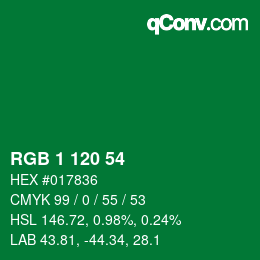 カラーコード: RGB 1 120 54 | qconv.com
