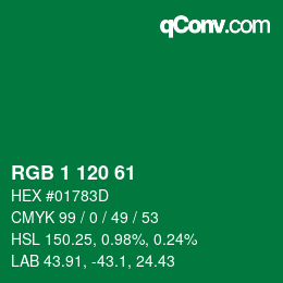 カラーコード: RGB 1 120 61 | qconv.com
