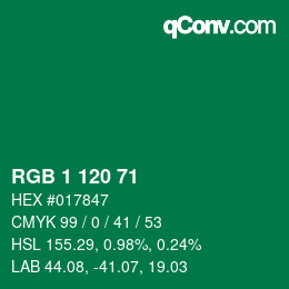 カラーコード: RGB 1 120 71 | qconv.com