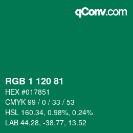 カラーコード: RGB 1 120 81 | qconv.com