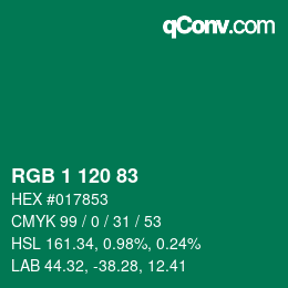 カラーコード: RGB 1 120 83 | qconv.com