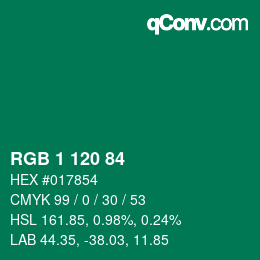カラーコード: RGB 1 120 84 | qconv.com