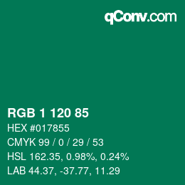 Color code: RGB 1 120 85 | qconv.com