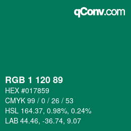 カラーコード: RGB 1 120 89 | qconv.com