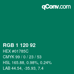 Color code: RGB 1 120 92 | qconv.com