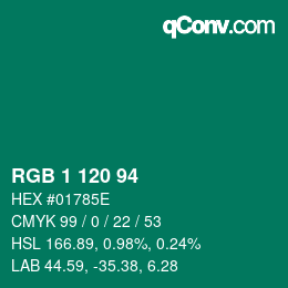 カラーコード: RGB 1 120 94 | qconv.com