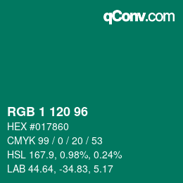 カラーコード: RGB 1 120 96 | qconv.com