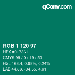 カラーコード: RGB 1 120 97 | qconv.com