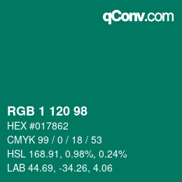 カラーコード: RGB 1 120 98 | qconv.com