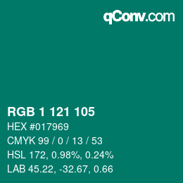 Color code: RGB 1 121 105 | qconv.com