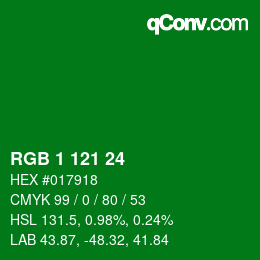 カラーコード: RGB 1 121 24 | qconv.com
