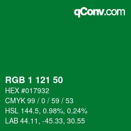 Color code: RGB 1 121 50 | qconv.com