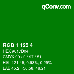 Color code: RGB 1 125 4 | qconv.com