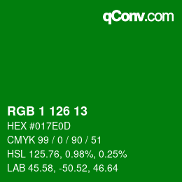 カラーコード: RGB 1 126 13 | qconv.com