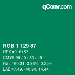 カラーコード: RGB 1 129 87 | qconv.com