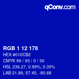 颜色代码: RGB 1 12 178 | qconv.com