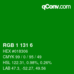Color code: RGB 1 131 6 | qconv.com