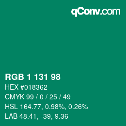 Color code: RGB 1 131 98 | qconv.com