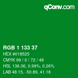 Color code: RGB 1 133 37 | qconv.com