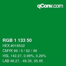 Color code: RGB 1 133 50 | qconv.com