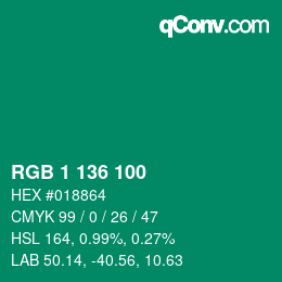 カラーコード: RGB 1 136 100 | qconv.com