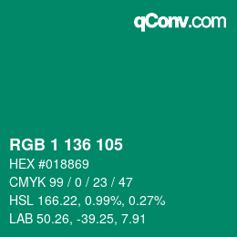 カラーコード: RGB 1 136 105 | qconv.com