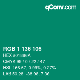 Color code: RGB 1 136 106 | qconv.com
