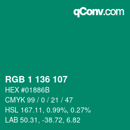 Color code: RGB 1 136 107 | qconv.com