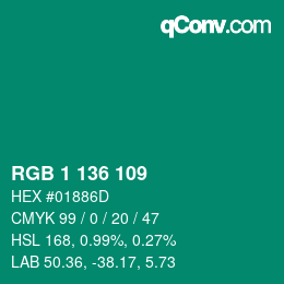 Color code: RGB 1 136 109 | qconv.com