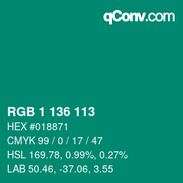Color code: RGB 1 136 113 | qconv.com