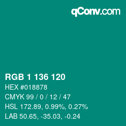 カラーコード: RGB 1 136 120 | qconv.com